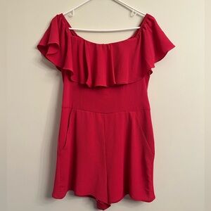 Fuscia Premier Amour Off-Shoulder Ruffle Romper with pockets!